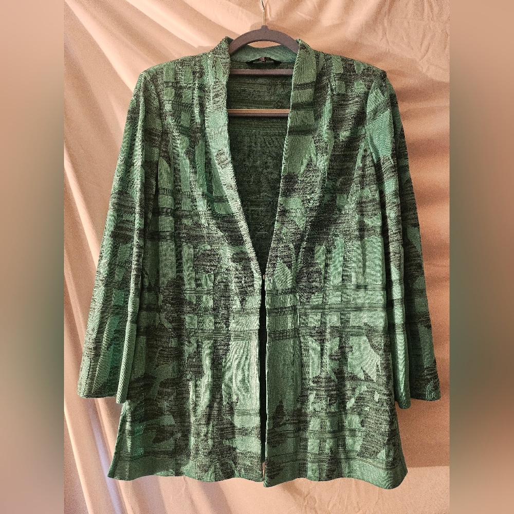 Misook Cardigan XS in Teal/black‎ with 3/4 sleeve Patterned Open Front Jacket